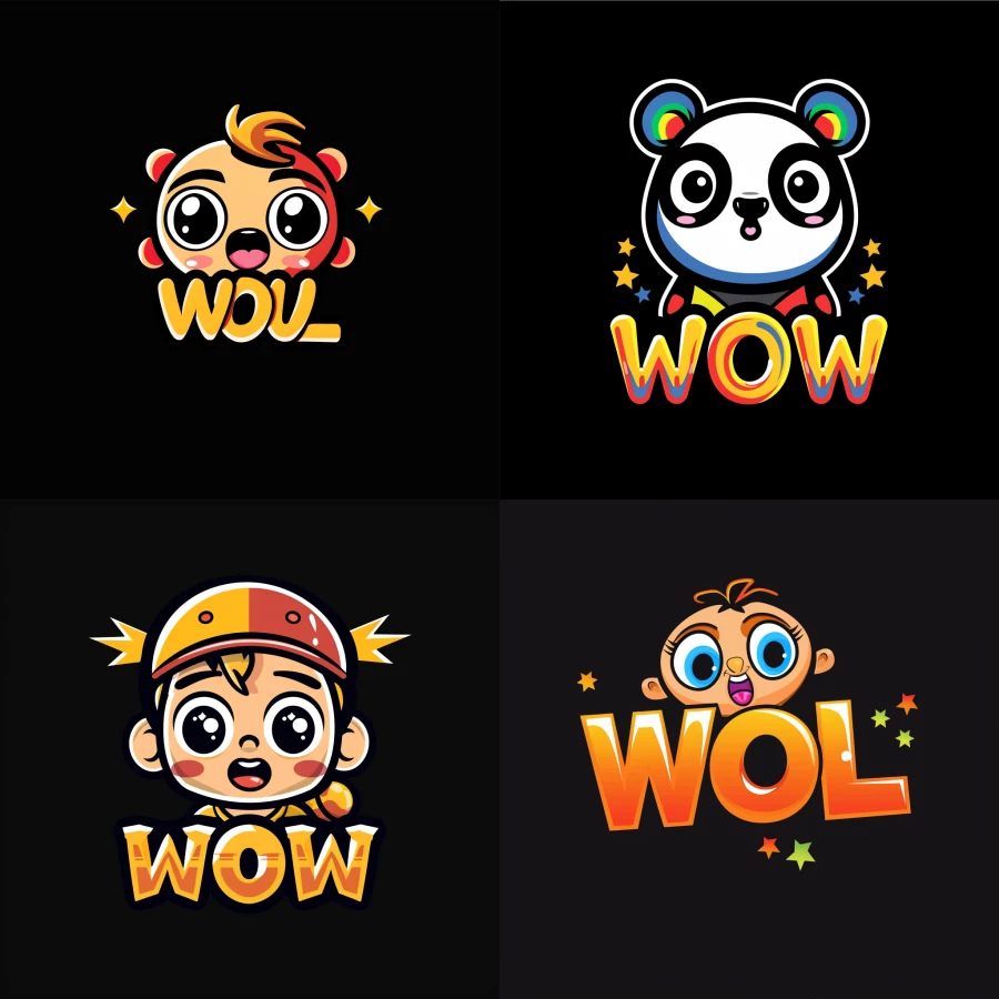 mascot logo design with letters WOW, black background --no shading detail 