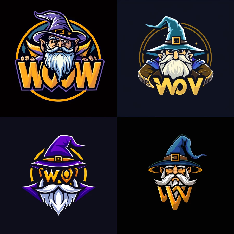 mascot logo of a wizard with letters WOW in the middle, black background --no shading detail 