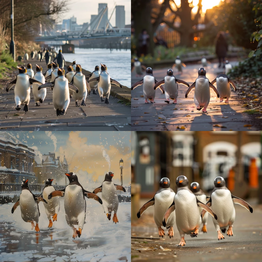 Happy penguins running near the University of Greenwich 