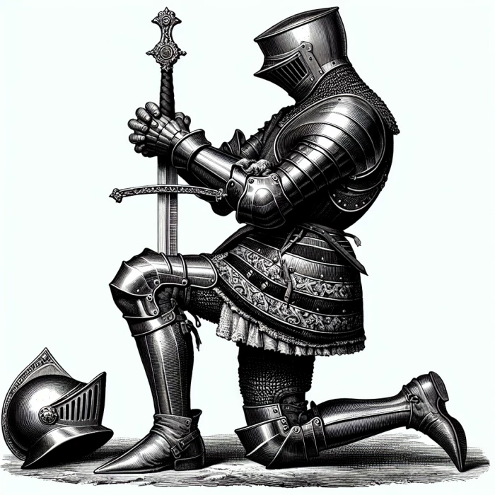 A 15th century english knight kneeling on the knee with a sword. 
