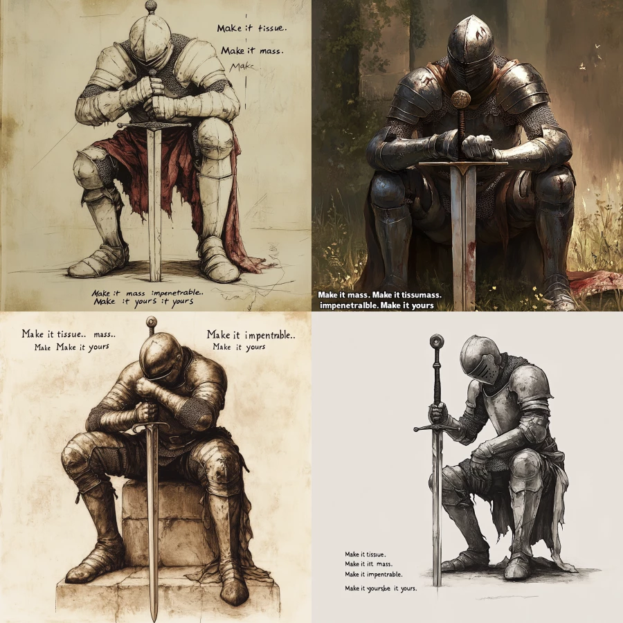 A 15th cenutry english knight leaning on one knee and perching on a sword. Slogan off: "Make it tissue. Make it mass. Make it impenetrable. Make it yours"