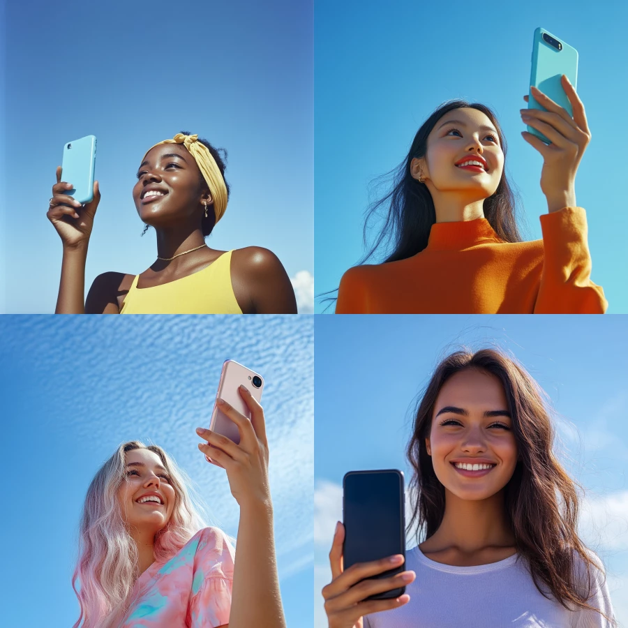 Elevated view, woman holding one mobile phone in her left hand, fix the hand and face as perfect as possible, nice smile, a blue sky in the background. 