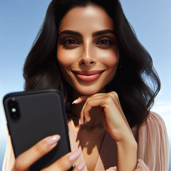 Elevated view, woman holding one mobile phone in her left hand, fix the hand and face as perfect as possible, nice smile, a blue sky in the background. 