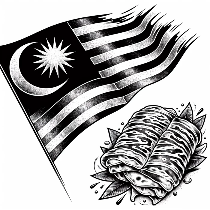 create a tattoo with malaysia flag and roti canai next to it. realistic black and white picture. 