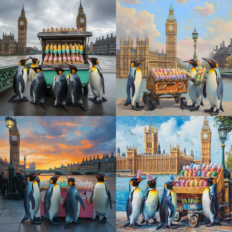 Penguins selling colourful ice cream near Big Ben London