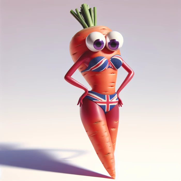 
cartoon female carrot wearing a union jack bikini with googly eyes 
