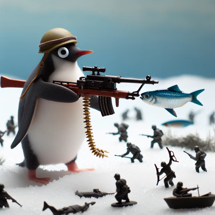 a penguin fighting in a war shooting fish
