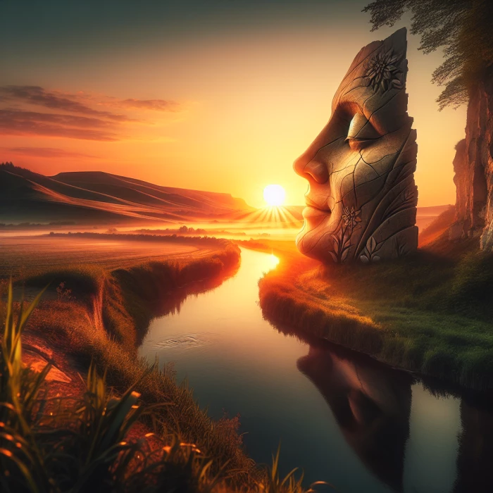 A serene poetic face embracing a new morning rising from the horizons, satisfaction and fulfillment, full of life nature, amazing dawn, spring season, calm and serene, timeless moments, below angle, 8k resolution, award-winning photography.