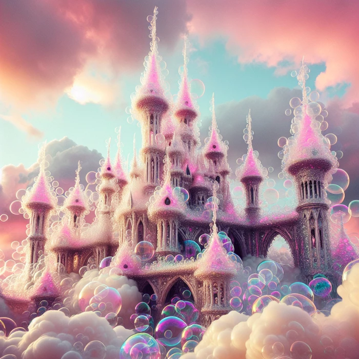 Bubble castle on cloud in magical pink
