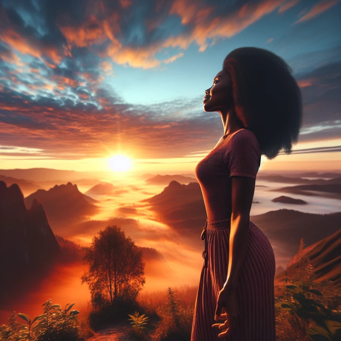 Close up Photo, A young female, standing at the zenith, a new morning rising from the horizons, satisfaction and fulfillment, full of life and nature, amazing dawn, spring season, calm and serene, timeless moments, realistic, below angle, 8k resolution, award-winning photography.