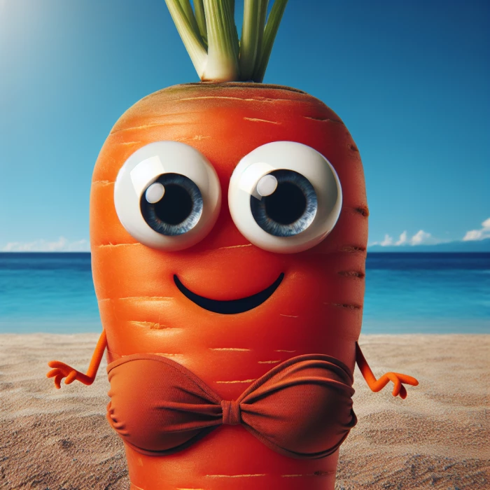 googly eyed 
cartoon carrot wearing a bikini
