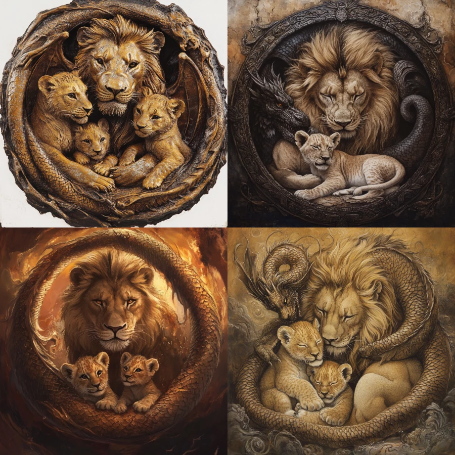 Lion protecting a female and a male lion cub with a dragon surrounding that represents eternity 