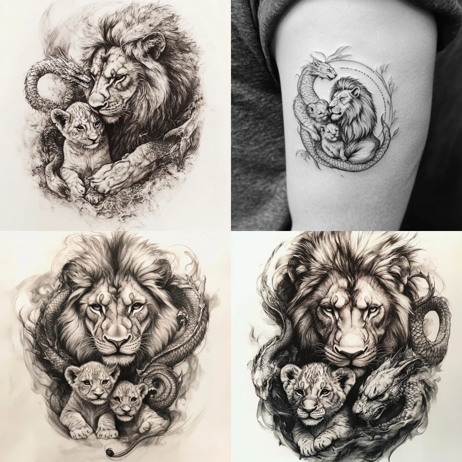 Lion protecting a female and a male lion cub with a dragon surrounding that represents eternity tattoo 