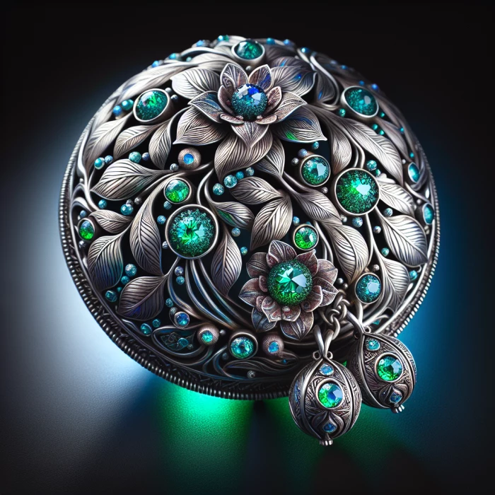 A domed floral pendant made in silver clay with flashed green and blue little cubic zirconias