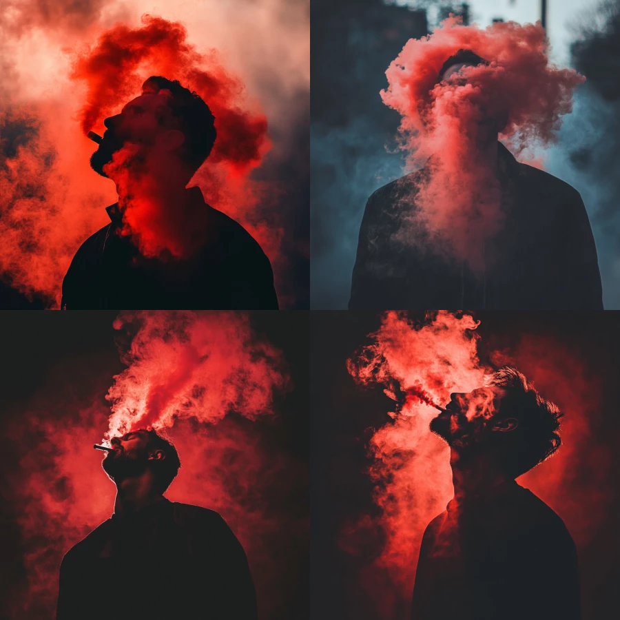 A man vaping and comes out red smoke 