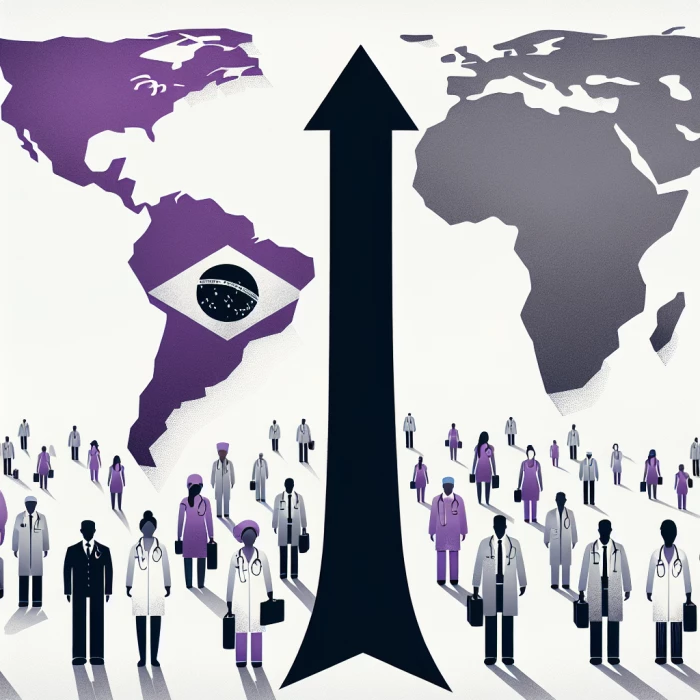 Generate an image with the map of Brazil and the map of the United Kingdom with an arrow between them leaving Brazil for the United Kingdom. Use the colors purple, gray, black and white. The focus is on doctors and medical students leaving Brazil to become doctors in the United Kingdom.