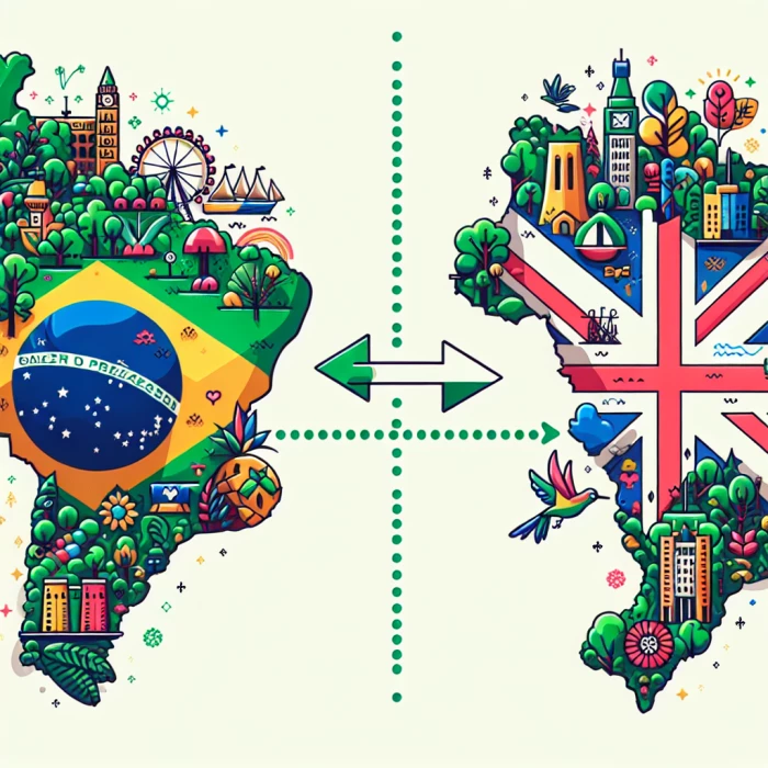 Generate an image with the map of Brazil and the map of the United Kingdom with an arrow that goes from Brazil to the UK. Brazil should be in the bottom right corner, and the UK should be in the top left corner. No other countries should be in the image. The countries with images that can represent them in Brazil should be images of green forests, colourful, typical Brazilian animals, and Brazilian landmarks. The map should be filled with UK landmarks and typical regional things in the UK. 