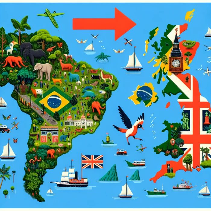 Generate an image with the map of Brazil and the map of the United Kingdom, with an unidirectional arrow pointing from Brazil to the UK. Brazil should be in the bottom left side, and the UK should be in the top right corner. All borders of the UK and brazil map should be visible in the image. No other countries should be in the image. The countries with images that can represent them in Brazil should be images of green forests, colourful, typical Brazilian animals, and Brazilian landmarks like christ the redeemer. The UK map should be filled with UK landmarks like the Big Bang and The London Eye and typical regional things.