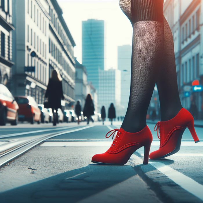 make photo with red shoes black stocking on the street
