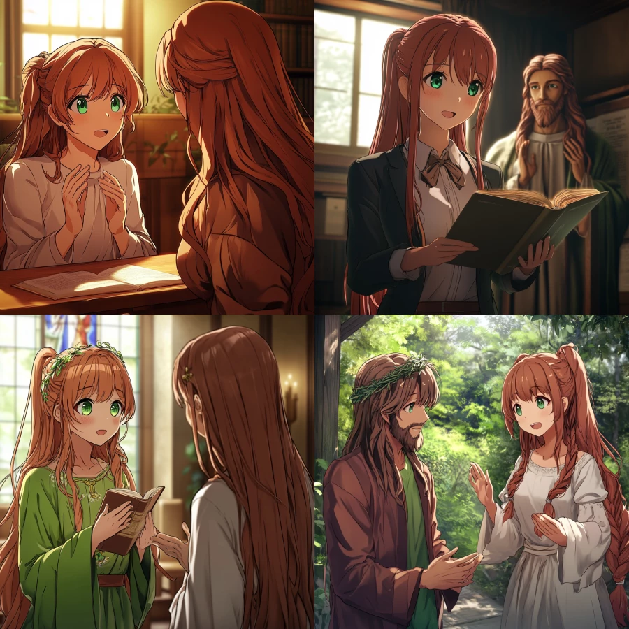 Monika from Doki Doki Literature Club, who has green eyes, talking to Jesus Christ, who gives her words of wisdom.