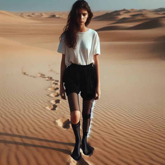 Yung women with out shoes by black nylon on the desert

