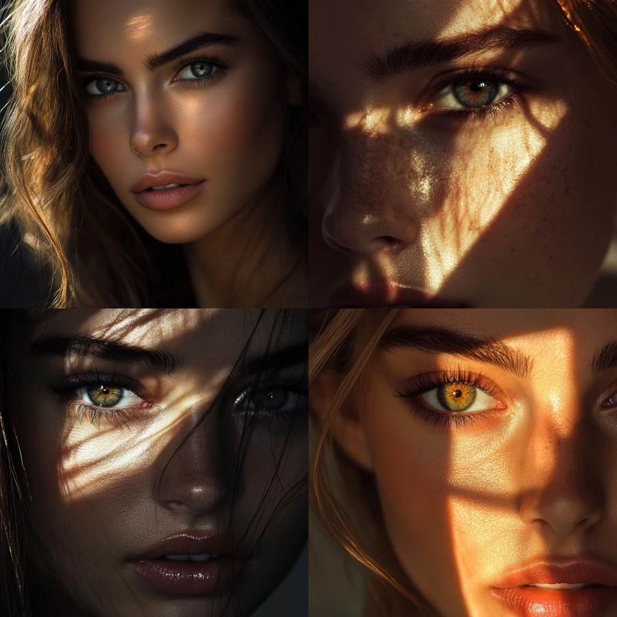  add dramatic lighting and one ray of light across model's eye