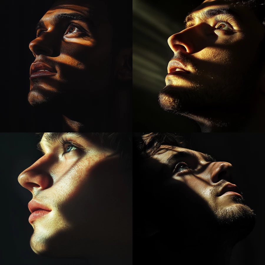 A man's shadowed face as he looks up into distance with one ray of light across his eye, 3/4 view, photorealistic with dramatic lighting 