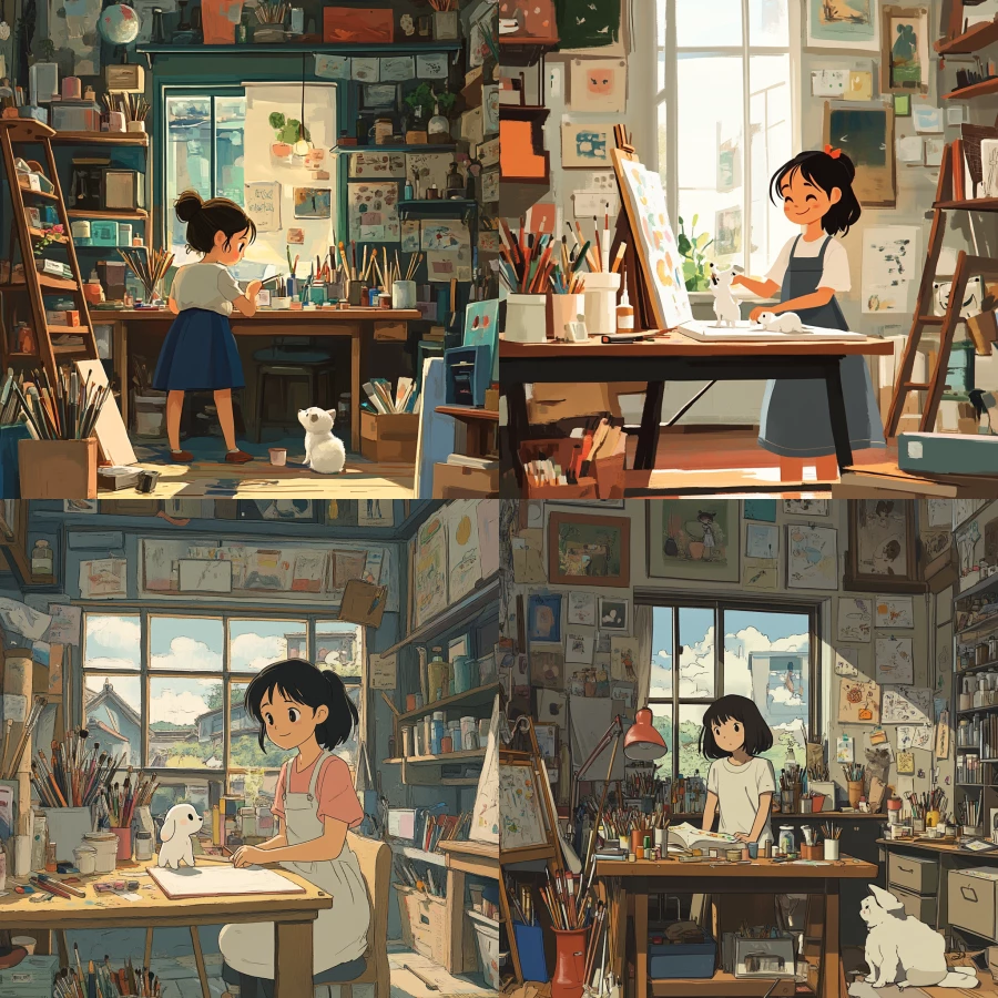 An asian girl organizing her art studio full of art supplies and a small white dog, drawn in the animation style of Kiki's Delivery Service