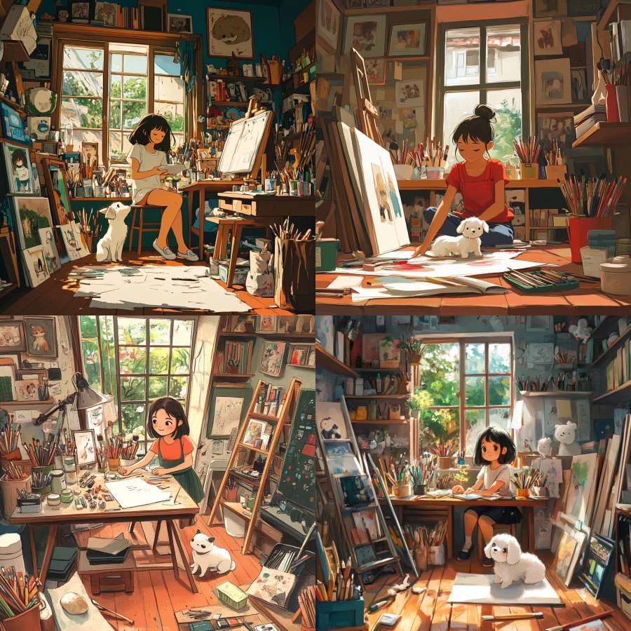 An asian girl organizing her art studio full of art supplies and a small white dog, drawn in the style of a studio ghibli movie