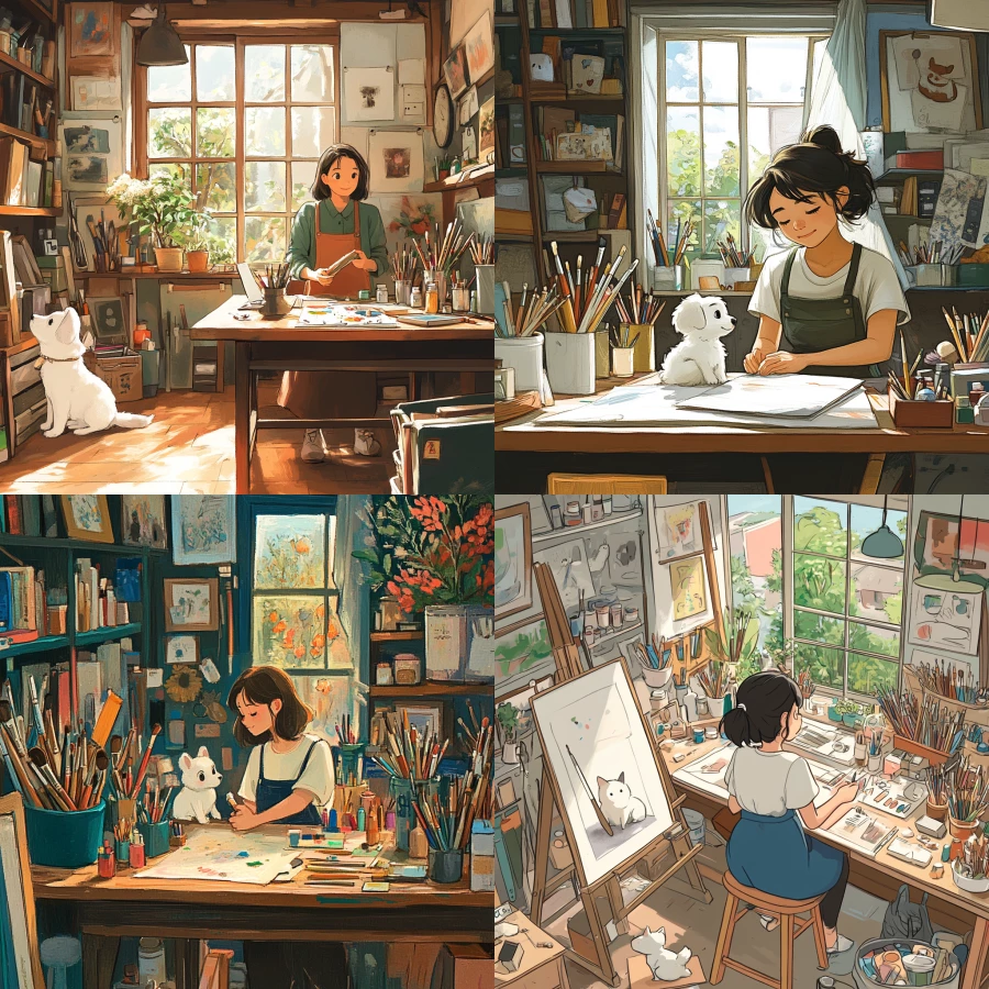 An asian mother organizing her art studio full of art supplies and a small white dog, drawn in the style of studio ghibli