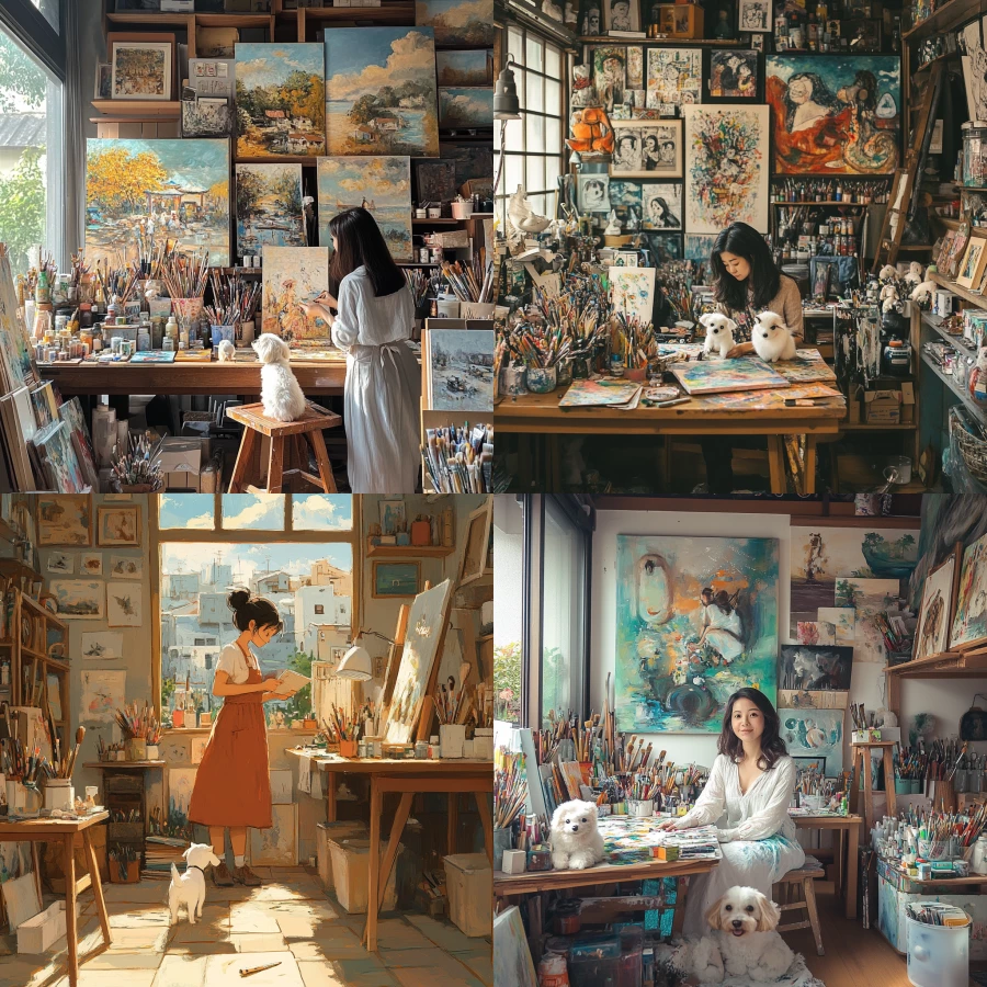 An asian mother organizing her art studio full of art supplies and a small white dog in the style of studio ghibli