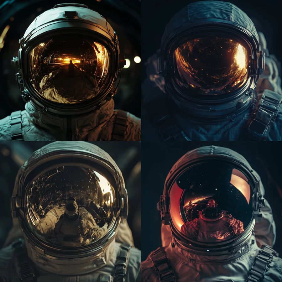 astronaut face facing camera, helmet reflecting a spaceship, realistic, dark fantasy style, moody lighting