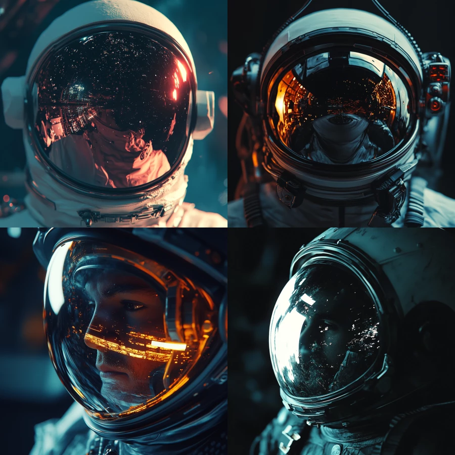 astronaut face in helmet reflecting a spaceship, dark fantasy style, moody lighting