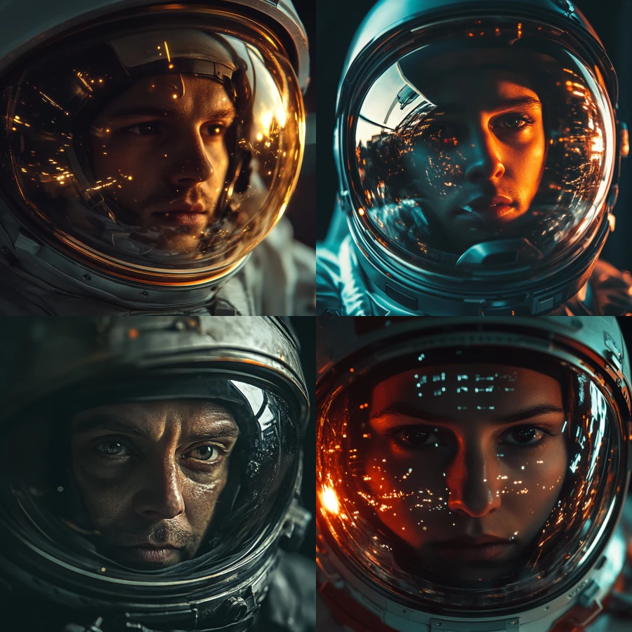 astronaut face in helmet reflecting a spaceship, looking at camera, realistic, dark fantasy style, moody lighting