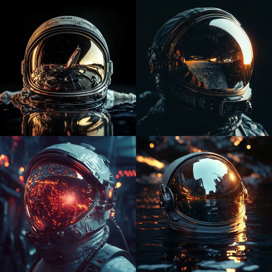 astronaut helmet reflecting a spaceship, dark fantasy style, moody lighting