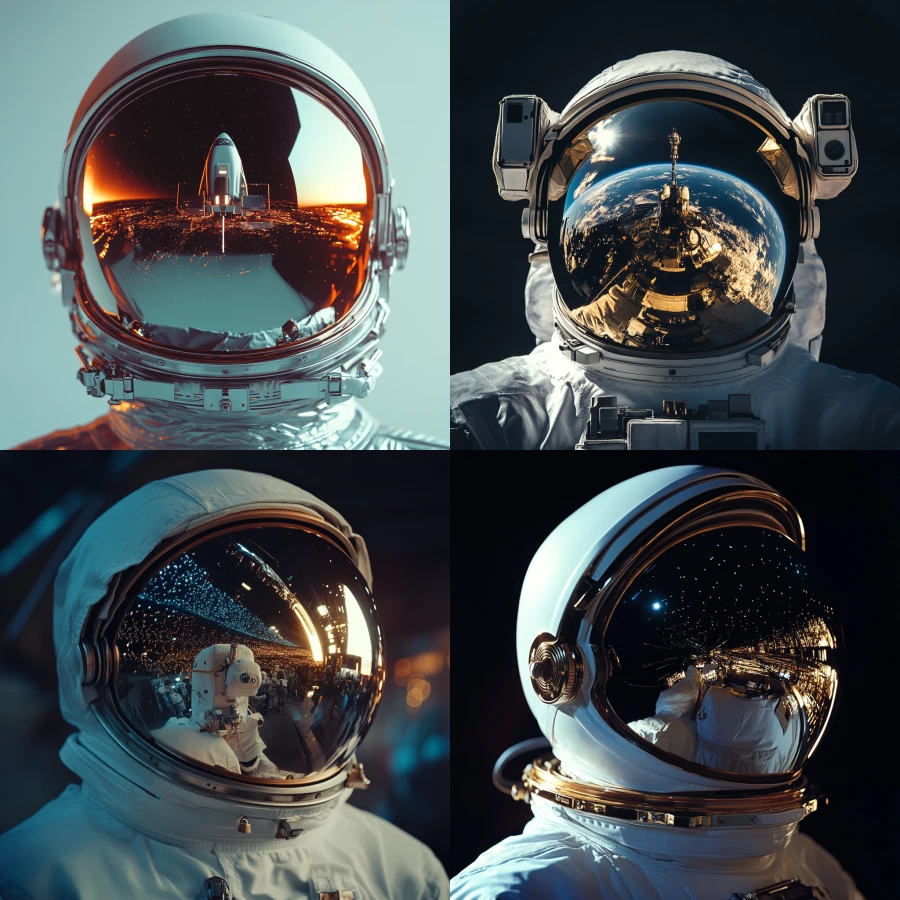 astronaut helmet reflecting a spaceship