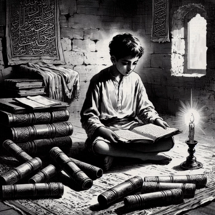 black and white old drawing "A young boy in ancient Mecca, sitting on the floor in a small, modest home, surrounded by a few old scrolls and books. The boy looks determined, studying by candlelight, with a deep focus despite the simplicity of his surroundings."

