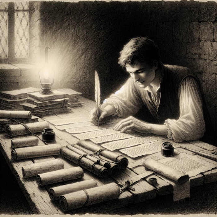 black and white old drawing "A young man sitting at a wooden table at night, copying books by hand with a quill and ink. The room is dimly lit by a single lantern, and stacks of borrowed scrolls are beside him. His expression is focused, showing his dedication and passion for knowledge."

