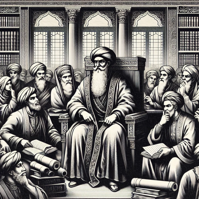 black and white old drawing "The man, now grown into a respected scholar, sitting in a grand courtroom in Baghdad. He is dressed in fine robes, with scrolls and books by his side. People gather around him, listening intently to his words, symbolizing his rise to fame and recognition as one of the greatest scholars in history."

