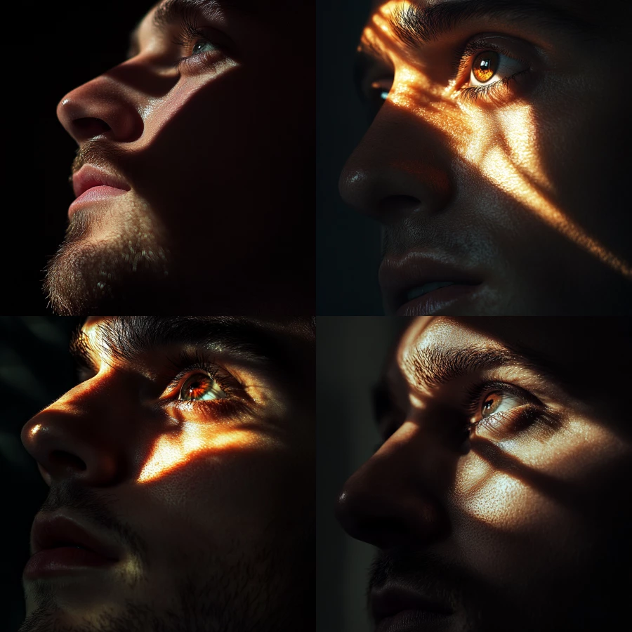 close up view of a man's shadowed face as he looks up into distance with one ray of light across his eye, photorealistic with dramatic lighting 