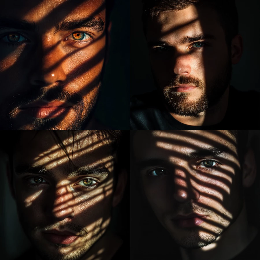 man looking at camera from shadows with light across one eye