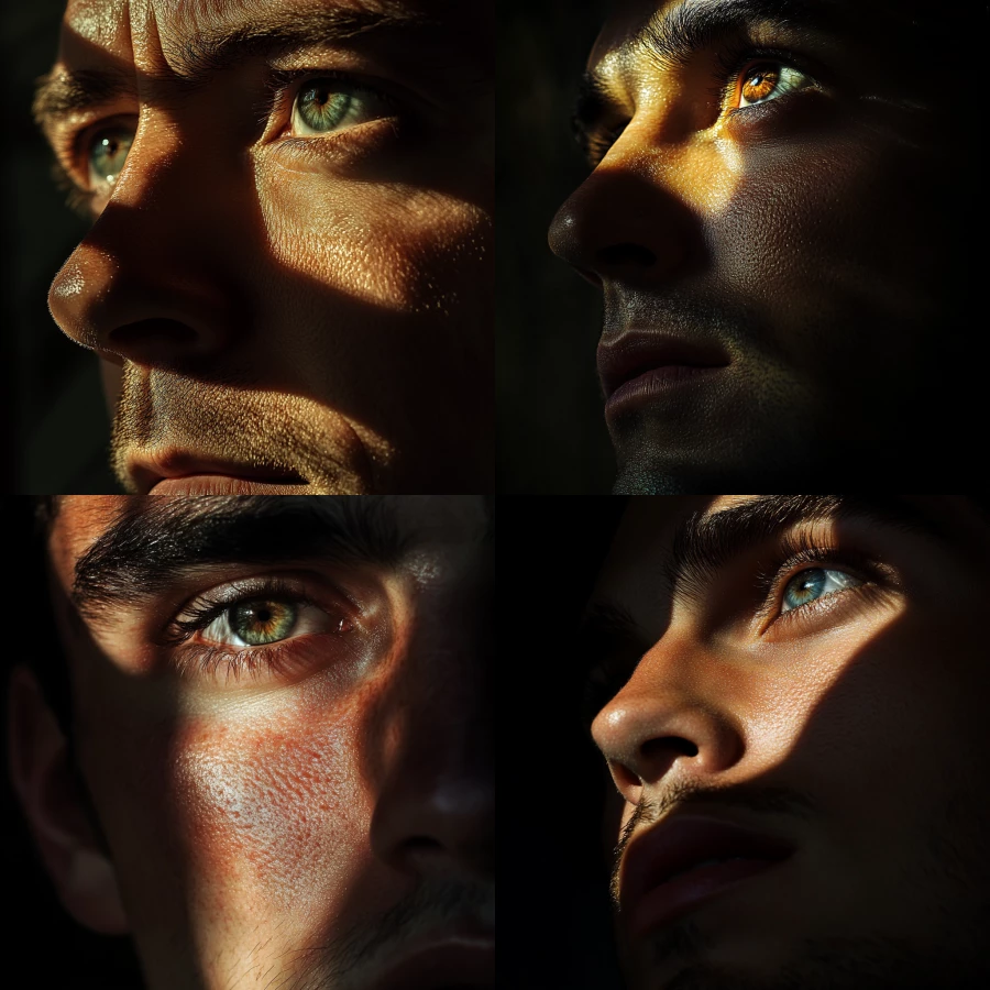 semi-close up view of a man's shadowed face as he looks up towards the camera into the distance with one ray of light across his eye, photorealistic with dramatic lighting 