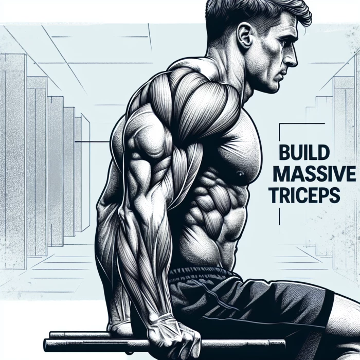 Visual: Performing tricep dips, focusing on the back of the arm.Text Overlay: "Build Massive Triceps