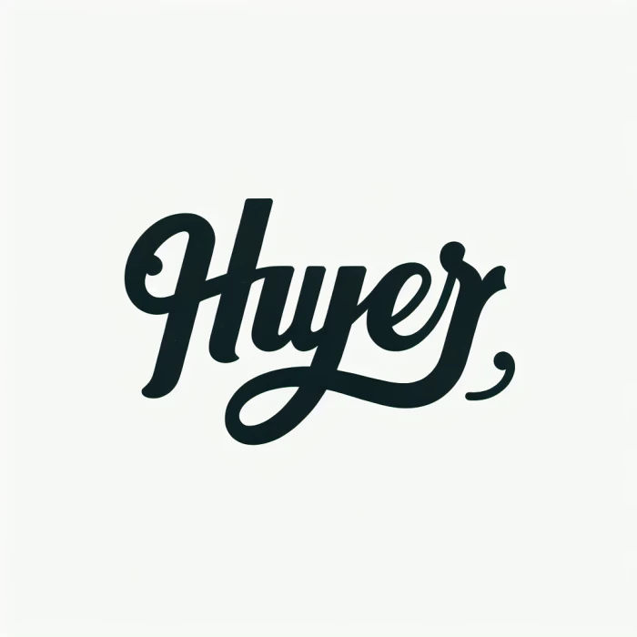 A logo that says Hyer in a cursive handwritten font, black text white background 