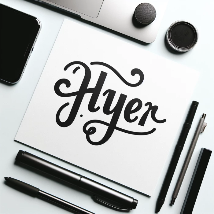 A logo that says Hyer in a cursive handwritten font, black text white background