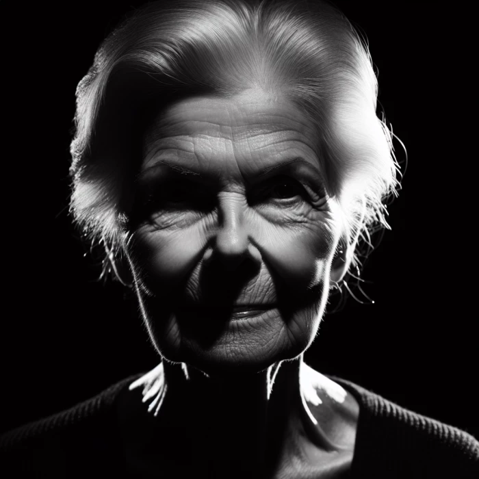 Black and white 
Old woman portrait in a dark background
 and strong lighting
