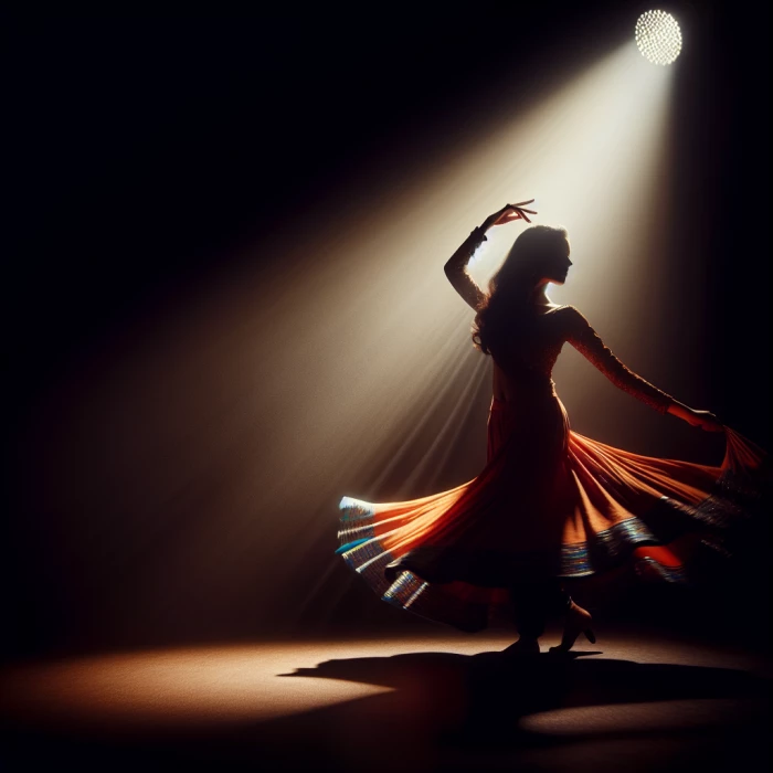 Creat an image of a 
woman dancing in a dark background
