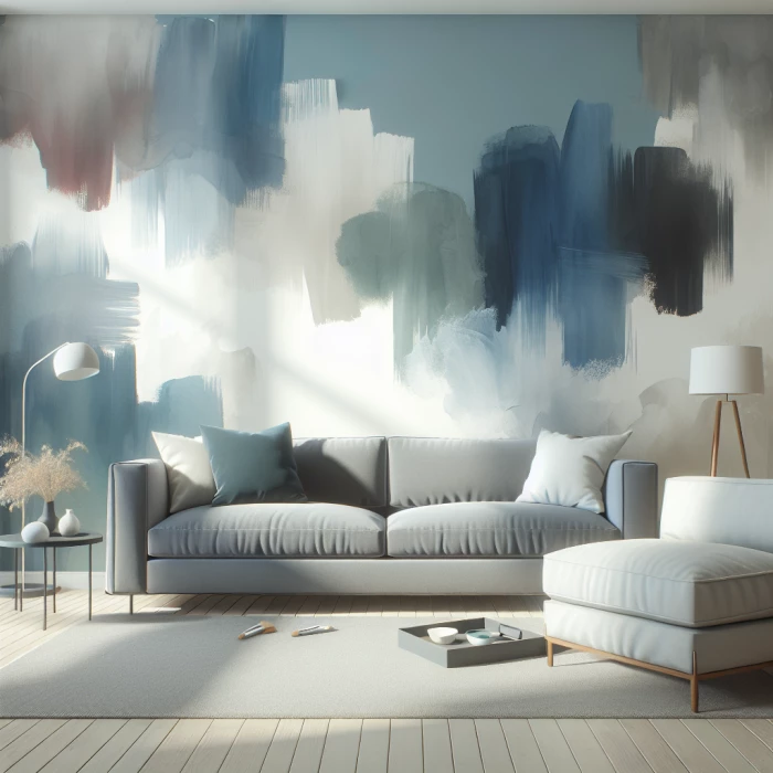 Living room paint with water
pain: white, deep gray, less gray and sky
blue.
