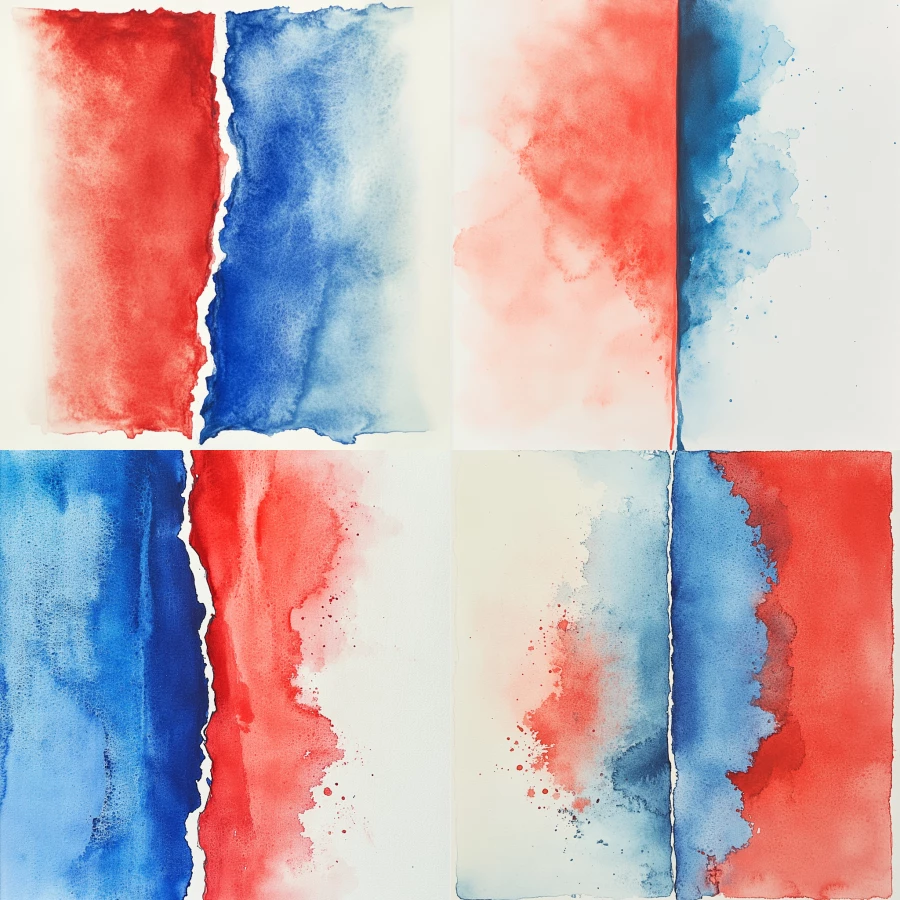  A watercolour picture with one half red the other half blue split vertically. In the centre of the picture the blue seeps and bleeds into the red half through a small gap