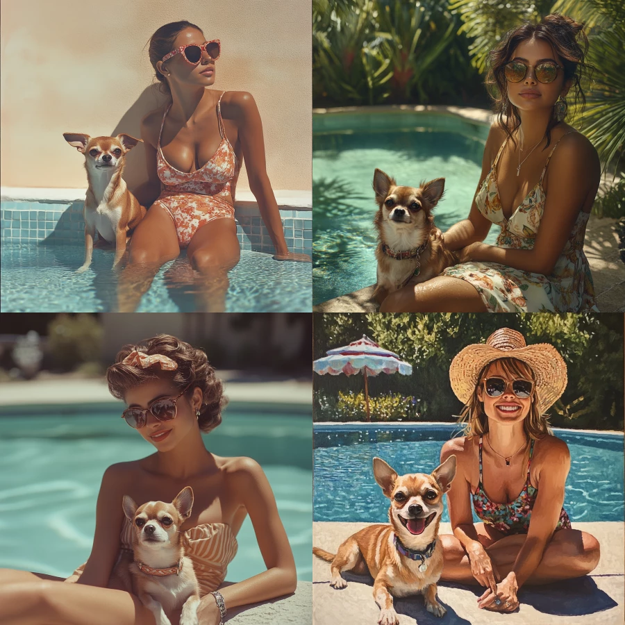 32 year old lady with sat next to an outdoor pool with a chihuahua 